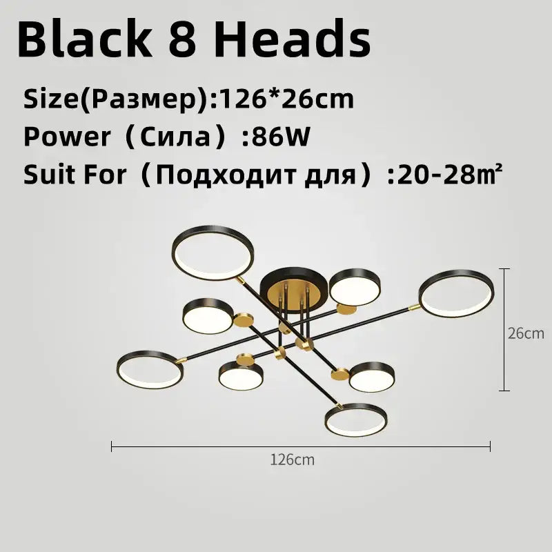Decorbites led chandelier black and gold modern ceiling fixture with eight circular led lamps for living and dining rooms