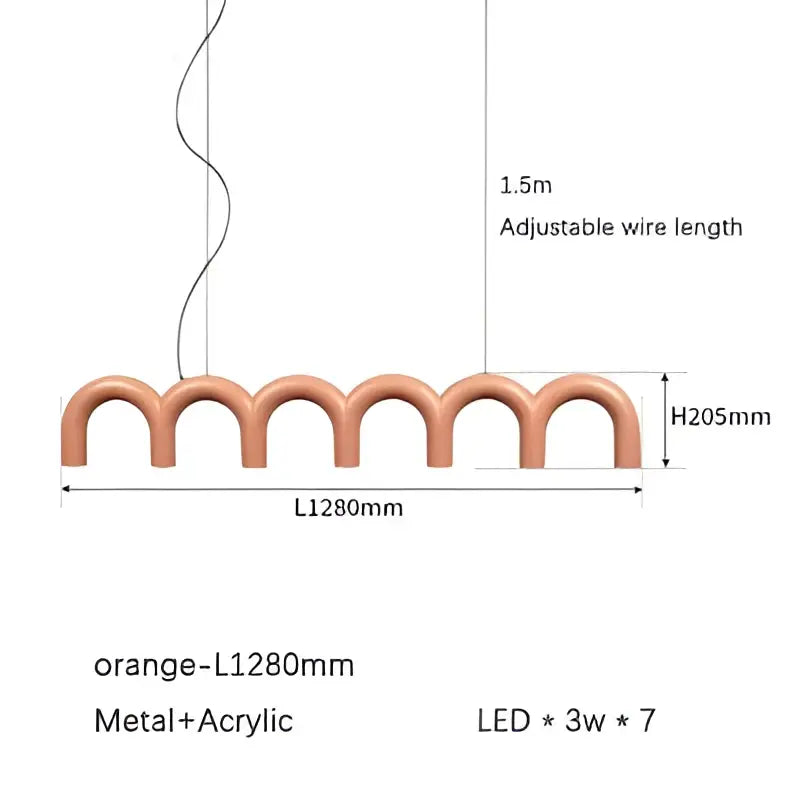 Orange metallic-acrylic decorbites led chandelier with seven wavy arched led bulbs for living room and dining tables