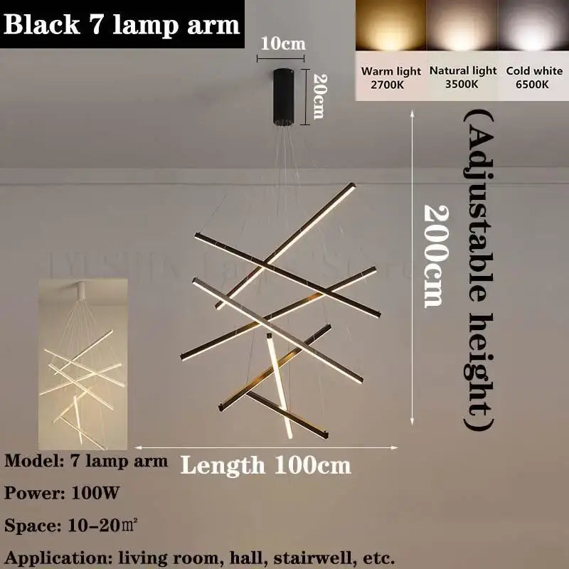 Black 7-lamp arm decorbites led chandelier with sleek modern design and adjustable height for loft and living room lighting