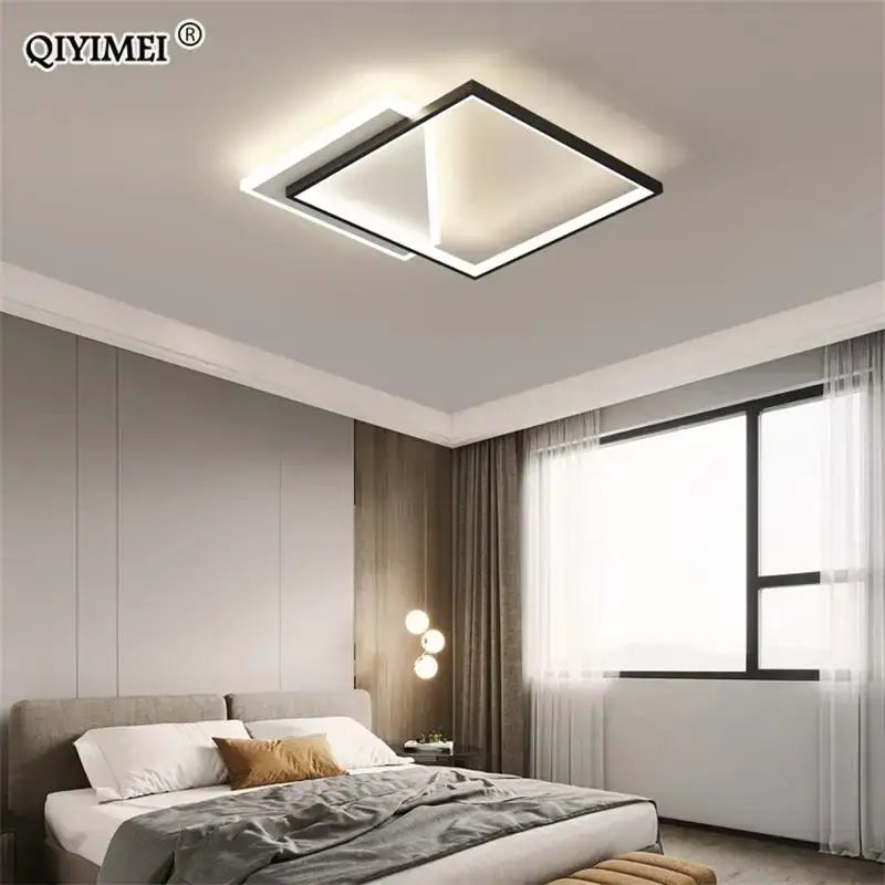 Modern square led chandelier with a sleek black frame and integrated led lighting by DecorBites for indoor use