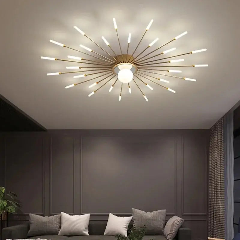 Gold-toned starburst decorbites led chandelier with slender rods and central bulb for modern kids room lighting fixture