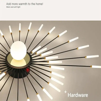 Decorbites led chandelier black and gold sunburst design with glowing white led rods for modern kids room lighting