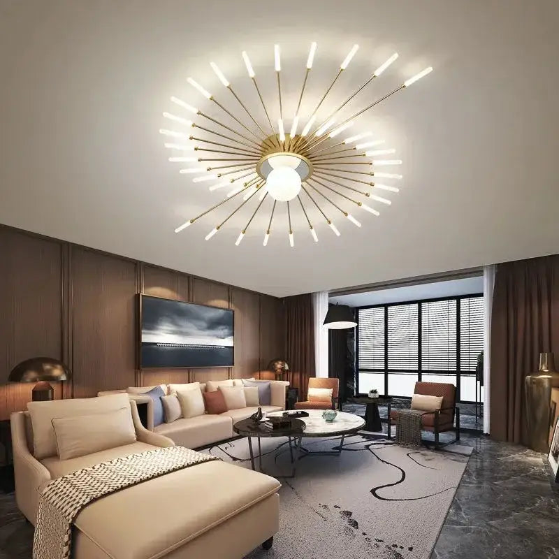 Gold-toned decorbites led chandelier with slender rods radiating from central bulb for kids room and hall lighting decor