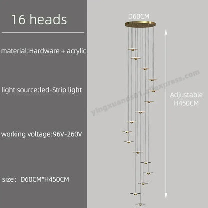 A modern decorbites led chandelier with 16 brass heads and acrylic shades for loft villa staircase ceiling hanging lamp