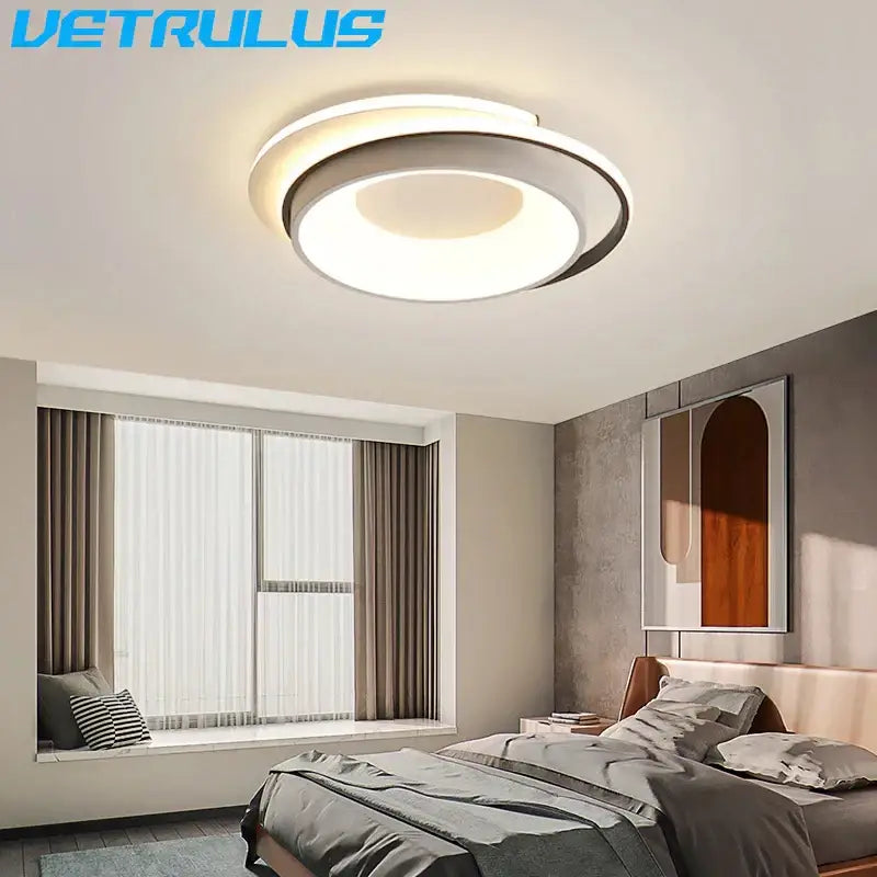 Modern circular decorbites led chandelier with sleek white and black acrylic rings for living and dining rooms