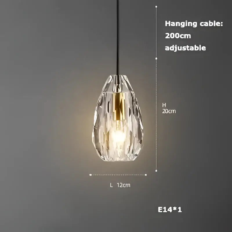 Crystal pendant decorbites led chandelier with faceted teardrop glass shade and gold-toned exposed bulb for dining room