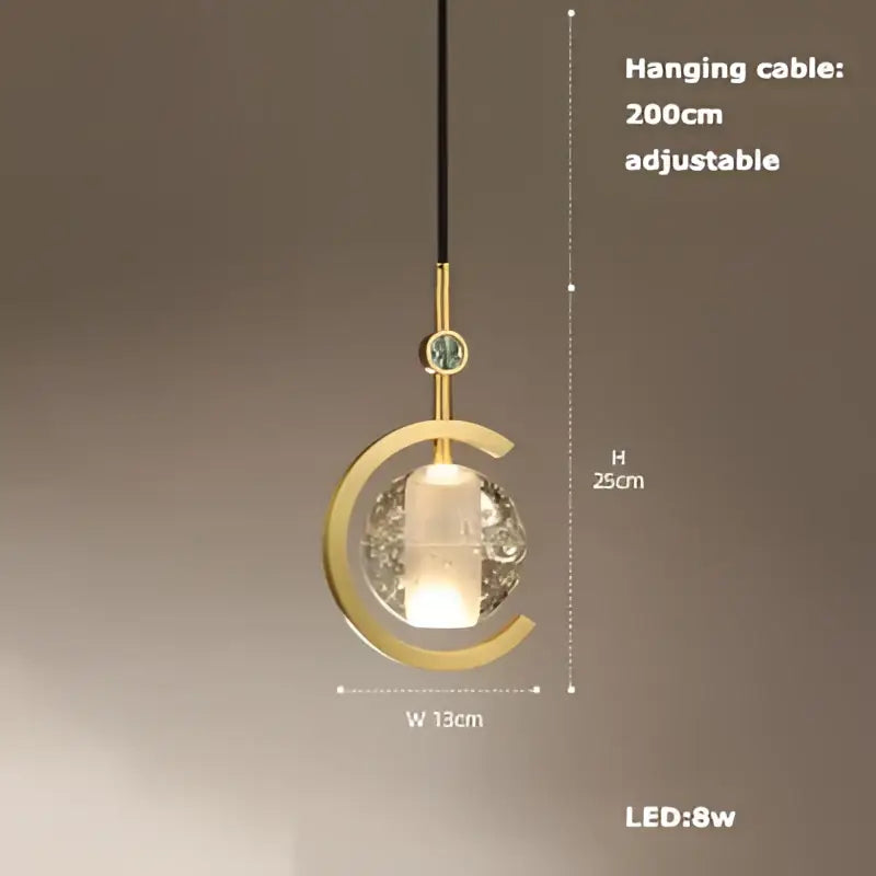 Decorbites led chandelier lighting featuring a gold-toned c-shaped pendant with clear textured glass globe for dining room