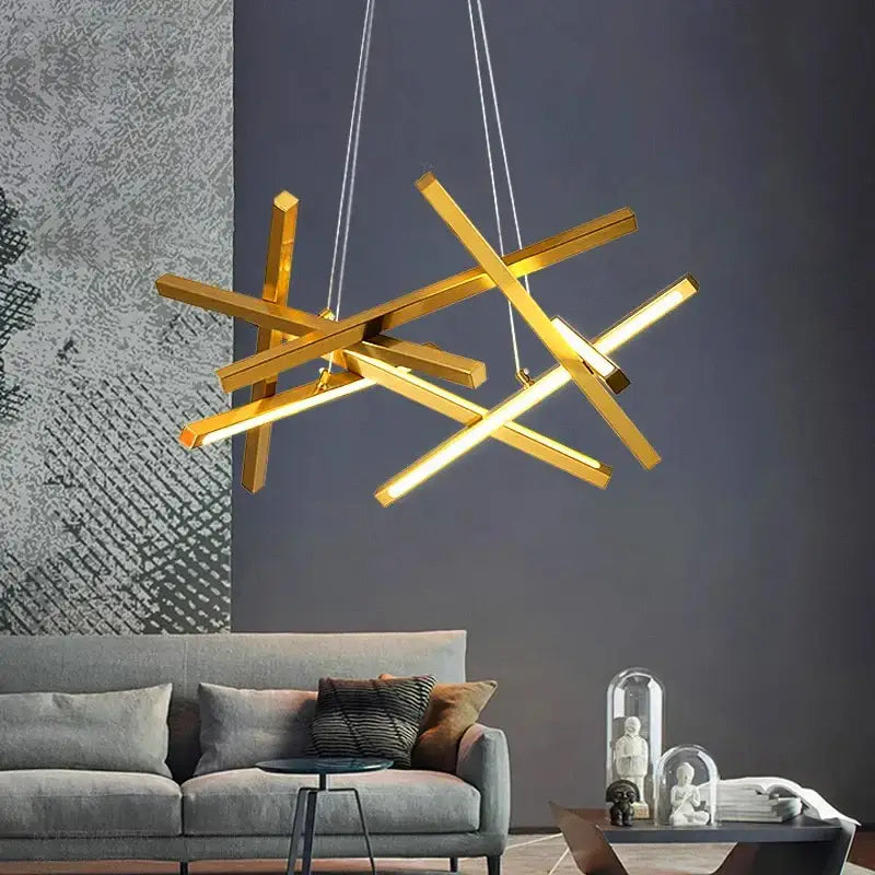 Gold-colored decorbites led chandelier with intersecting rectangular bars and illuminated edges for indoor lighting