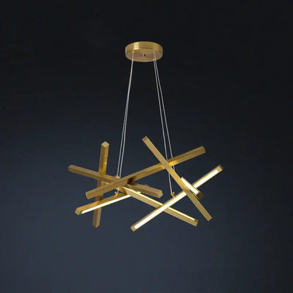 Modern gold-toned decorbites led chandelier with intersecting geometric bars and illuminated led strips for elegant lighting