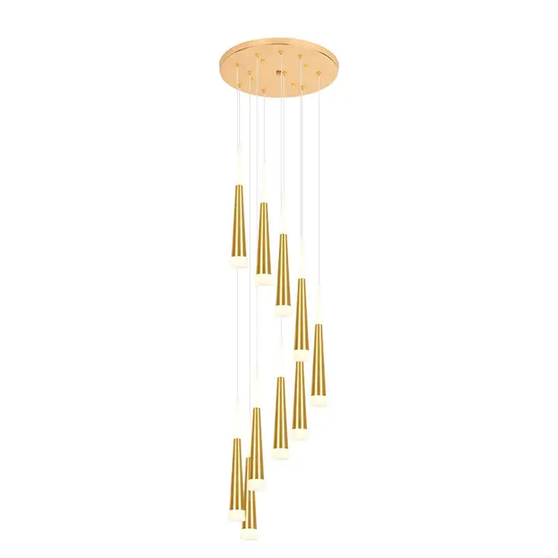 Gold-toned decorbites led chandelier with slender cone-shaped pendant lights for staircase and villa attics