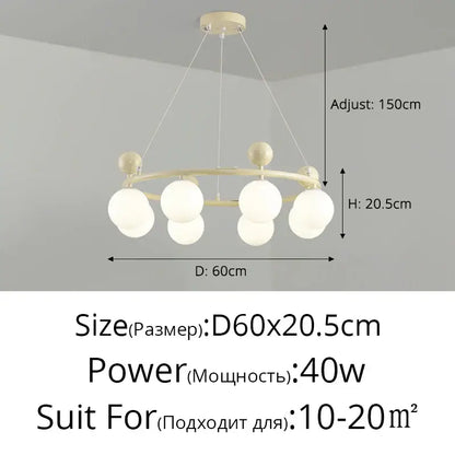Cream-colored decorbites led chandelier with circular frame and six frosted glass globe bulbs for indoor lighting