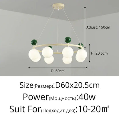 Modern minimalist decorbites led chandelier with cream circular frame green accents and white frosted glass globes