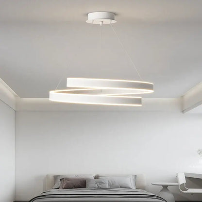 Modern white DecorBites™ led chandelier lights with two interlocking circular rings for living and dining rooms