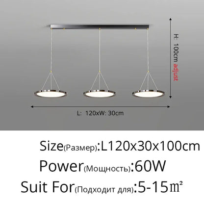 Modern minimalist decorbites led chandelier with three chrome circular shades and adjustable height for indoor living spaces