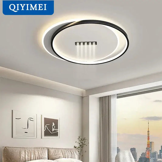 Modern circular led chandelier light with sleek black frame and white glowing ring by qiyimei decorbites led chandelier