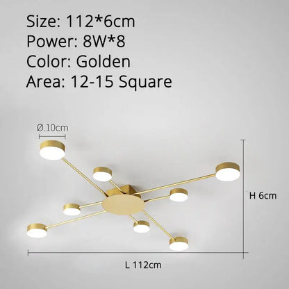 Golden modern decorbites led chandelier with eight circular bulbs in radial design for indoor living spaces