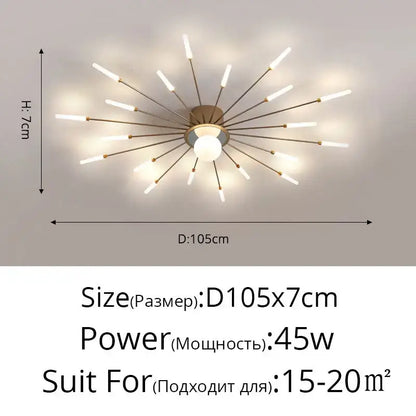 Modern brass-finished decorbites led chandelier with white led rods radiating from a central globe for indoor lighting