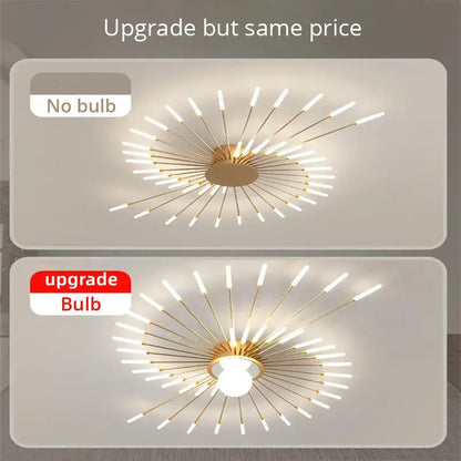 Gold-toned DecorBites LED chandelier lights with slender rods and frosted glass bulbs for modern indoor lighting