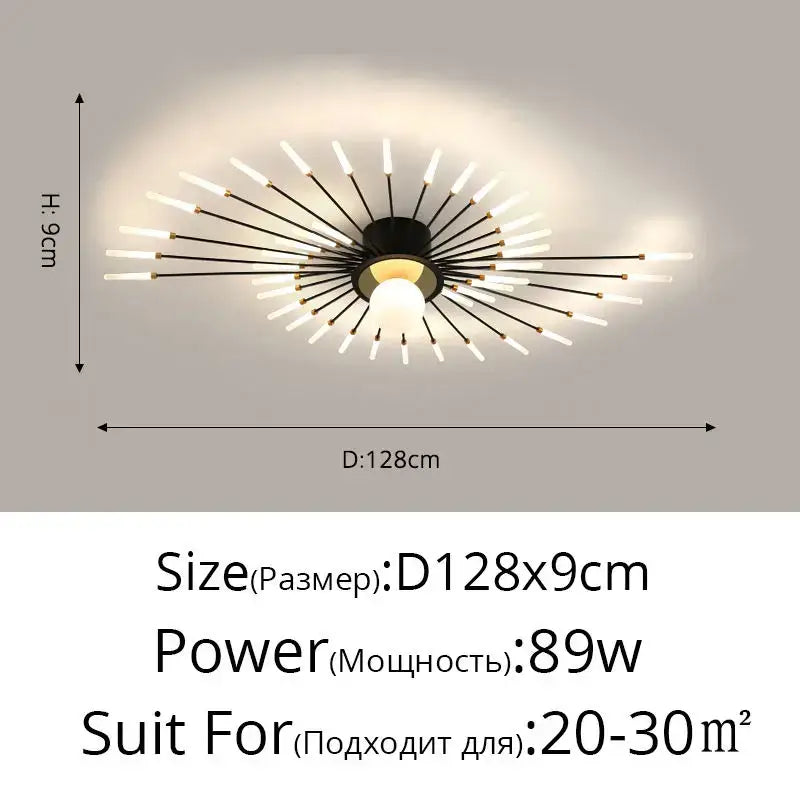 Black and gold starburst DecorBites led chandelier lights with frosted glass rods for modern indoor lighting