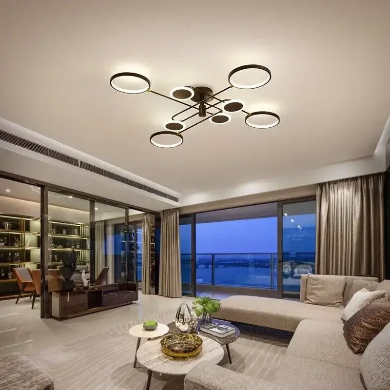 Modern black circular decorbites led chandelier with illuminated rings for living room bedroom and kitchen lighting