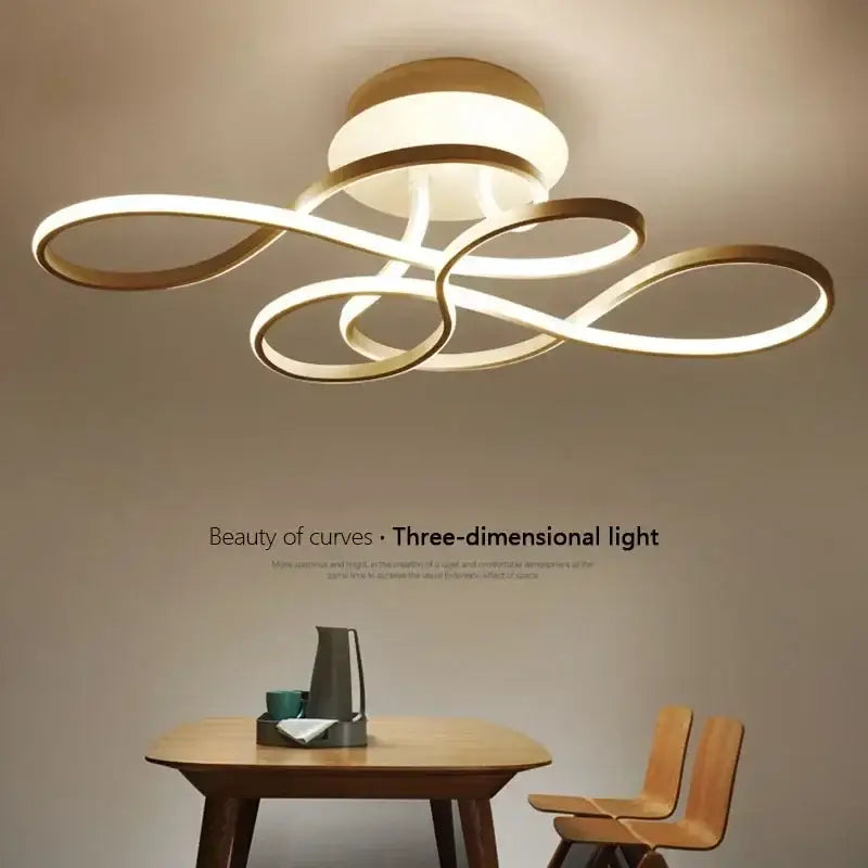 DecorBites™ modern ceiling lamp with gold-toned intertwined LED rings and warm white glow for home lighting
