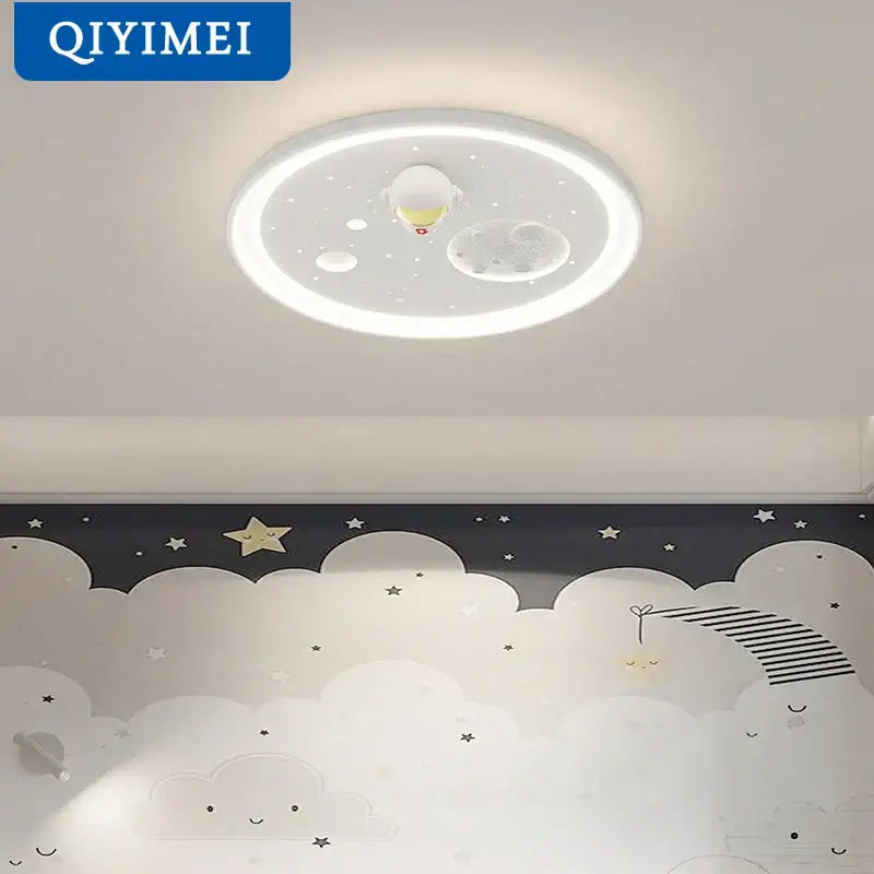 White circular decorbites led chandelier with space-themed design featuring planets stars and cartoon astronaut for kids room