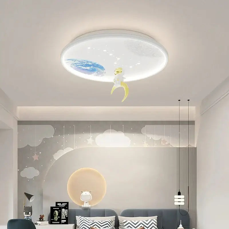 Decorbites led chandelier round ceiling light with white moon theme blue planet and yellow crescent astronaut for children’s room