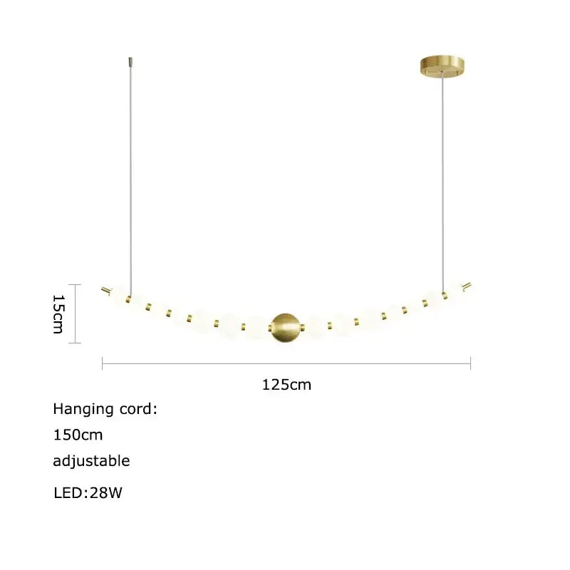 A modern gold-toned DecorBites led chandelier with curved design and frosted glass spheres for dining room lighting
