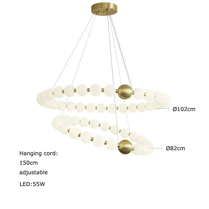 Decorbites led chandelier necklace lighting with brass finish and frosted glass spheres for dining room use