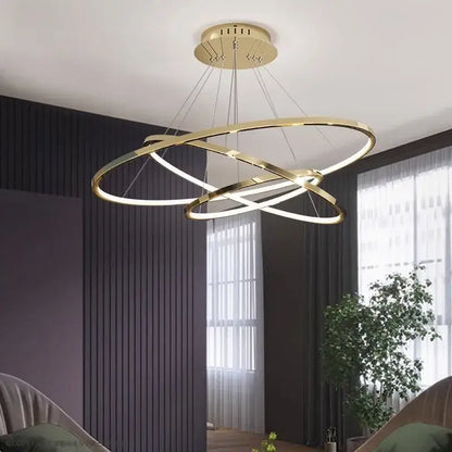Gold-toned decorbites led chandelier pendant light with interlocking circular rings and integrated led lighting for indoor use