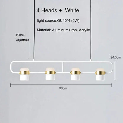 White modern decorbites led chandelier pendant lamp with four gu10 bulbs and gold-accented aluminum and iron frame for dining room