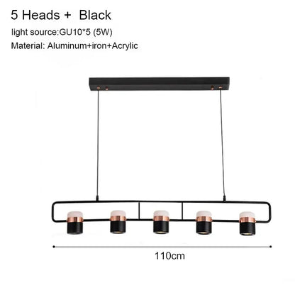 Black modern decorbites led chandelier pendant lamp with five cylindrical bulbs, rose gold accents, aluminum-iron-acrylic frame