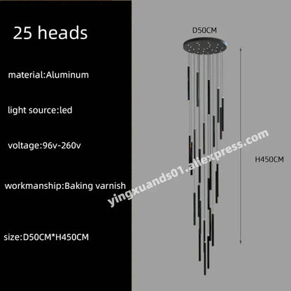 Modern black and silver aluminum decorbites led chandelier stairs pendant with 25 led light heads for hotel lobby decor