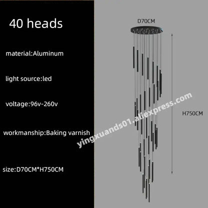 Modern black aluminum decorbites led chandelier with 40 led light heads designed as a chandelier stairs pendant for hotel lobbies
