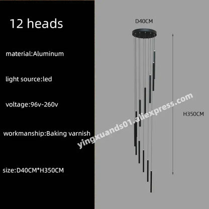 Black aluminum decorbites led chandelier with 12 led light heads for stairs pendant ceiling lamp in hotel lobby decor