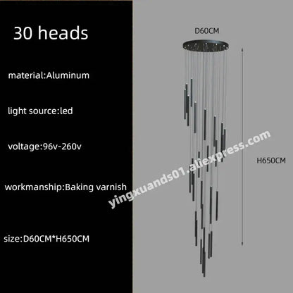 Modern black aluminum decorbites led chandelier stairs pendant with 30 led light heads for hotel lobby decor