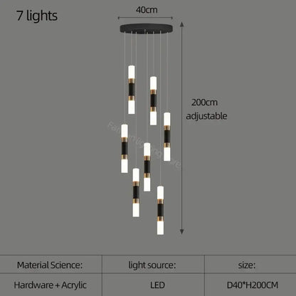 Black and gold decorbites led chandelier with seven adjustable led lights acrylic chandelier stairway lamp design