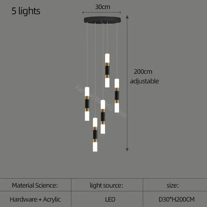 Modern black and gold DecorBites led chandelier stairway lamp with five adjustable LED bulbs acrylic chandelier lighting