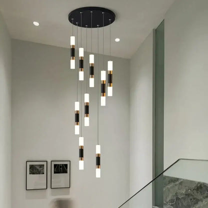 Modern black and gold DecorBites LED chandelier with frosted glass shades for stairway lamp and dining table lighting