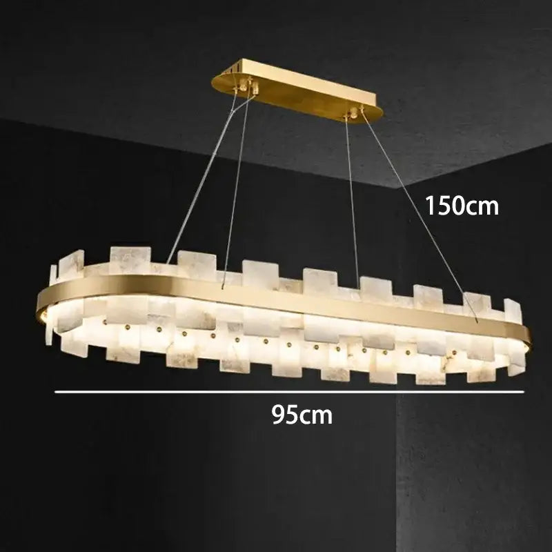 Gold-toned decorbites led chandelier with translucent rectangular crystal panels in layered castle-inspired design for living room