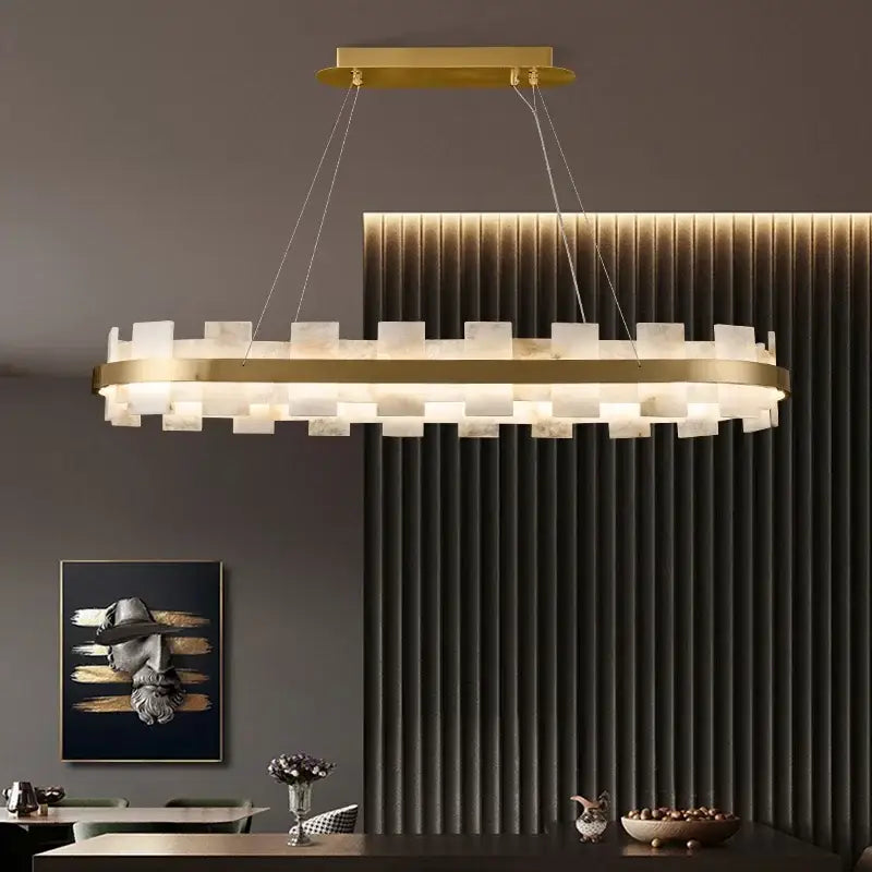 Gold-toned decorbites led chandelier with translucent off-white glass panels for bedroom and living room decor