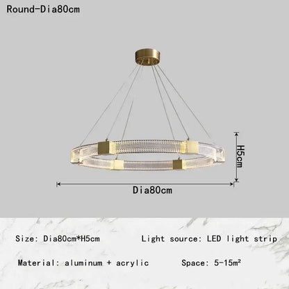 Modern circular decorbites led chandelier with gold aluminum frame and clear acrylic rings for living room lighting