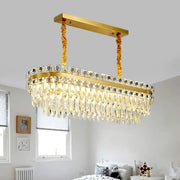 Gold-finished rectangular light fixture with cascading clear crystal droplets modern led crystal dining room fixture