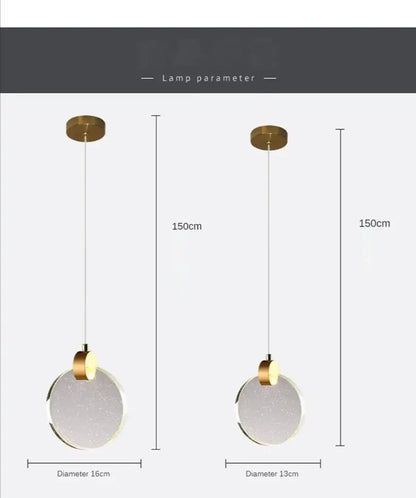 DecorBites™ led crystal pendant light with circular frosted glass shade and gold metal for bedroom and bathroom
