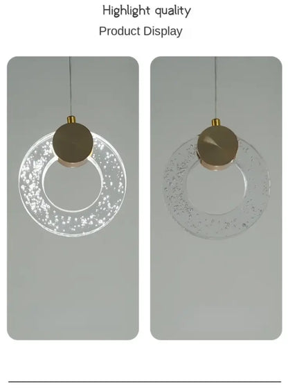 Modern DecorBites™ led crystal pendant light with clear textured glass ring and brushed gold metal top for bedroom and bathroom