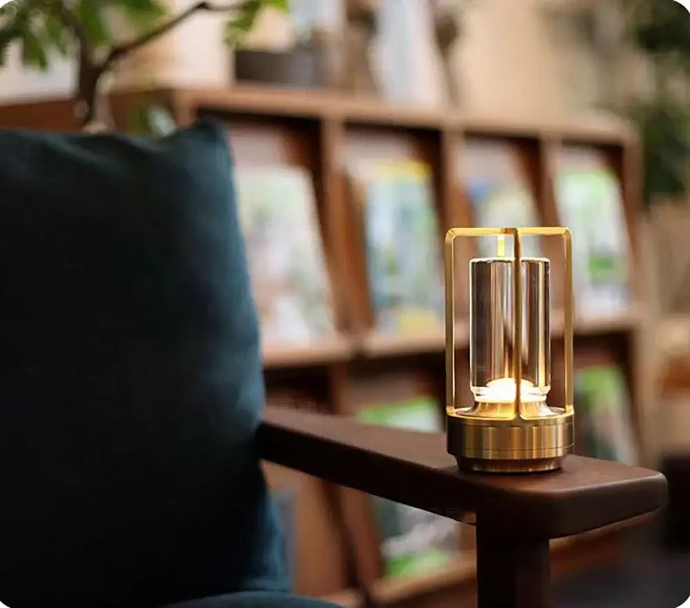 Decorbites™ led crystal table lamp with golden brass frame and cylindrical glass enclosure for bedroom or restaurant use