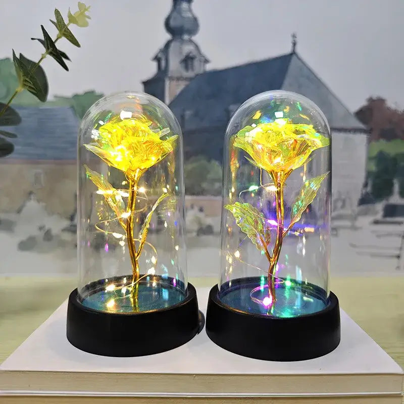 Two golden eternal rose lights encased in clear glass domes with fairy lights on black bases for weddings and Valentine’s Day