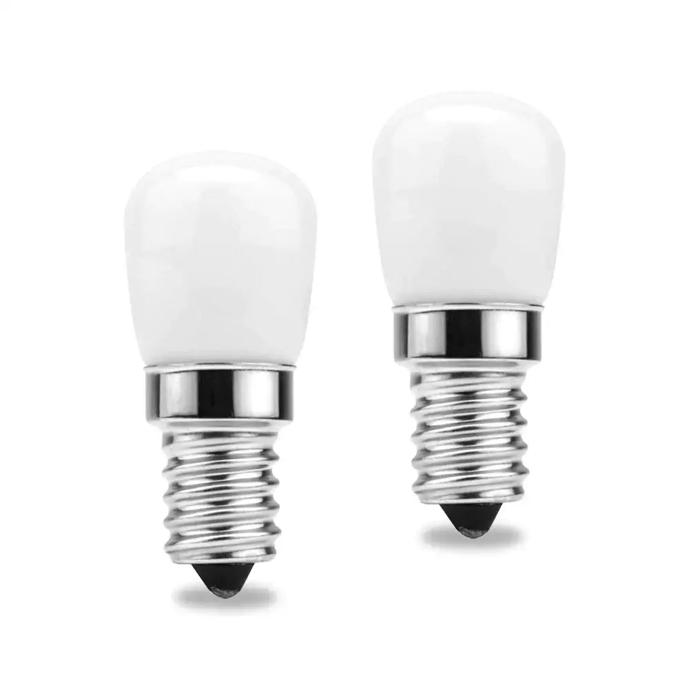 Two white frosted glass decorbites led fridge bulbs with chrome e14 screw bases for halogen replacement lighting