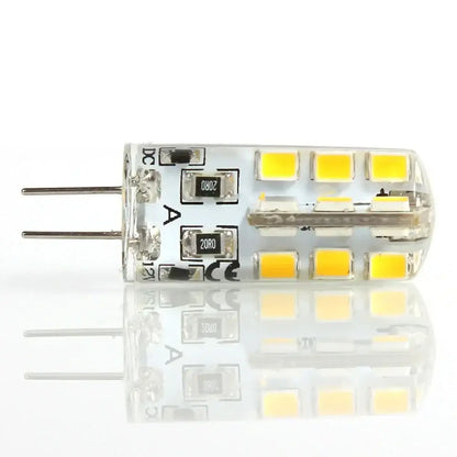 Clear glass DecorBites LED G4 3W SMD bulb with yellow LEDs and metallic pins for 12V 220V spotlight use