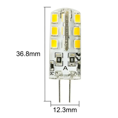 Clear glass decorbites led g4 3w smd bulb with 24 yellow leds arranged vertically and metallic pins labeled 12v dc